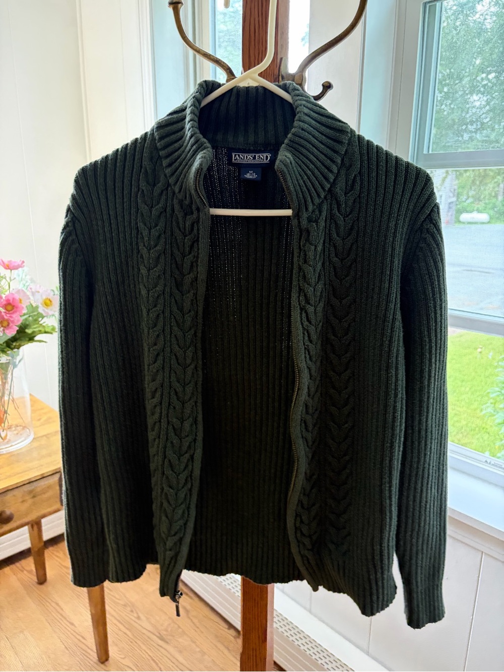Lands' End Forest Green Cable Zip Sweater